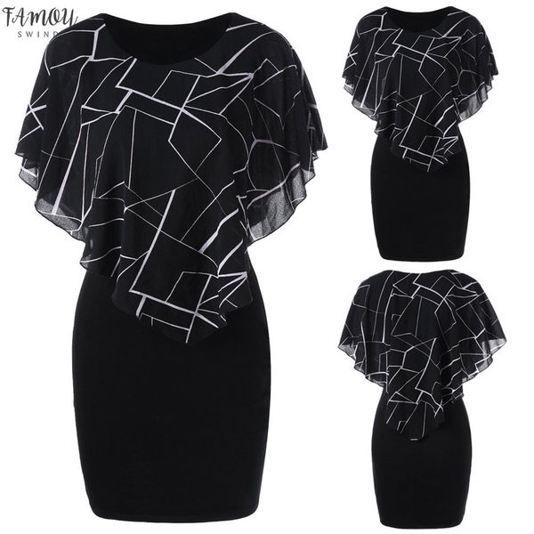 

elegant dress woman summer party dress fashion womens casual printed chiffon o-neck robe ruffles mini tight plus size dress, Black;gray