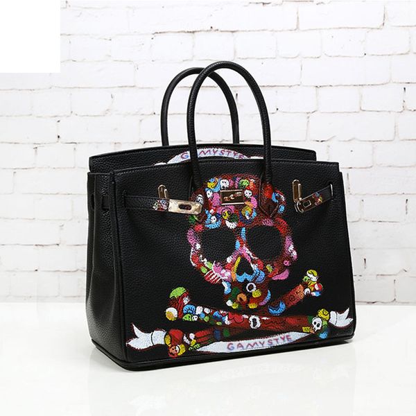 

genuine leather women handbags bags tote art skull bag, Black;red