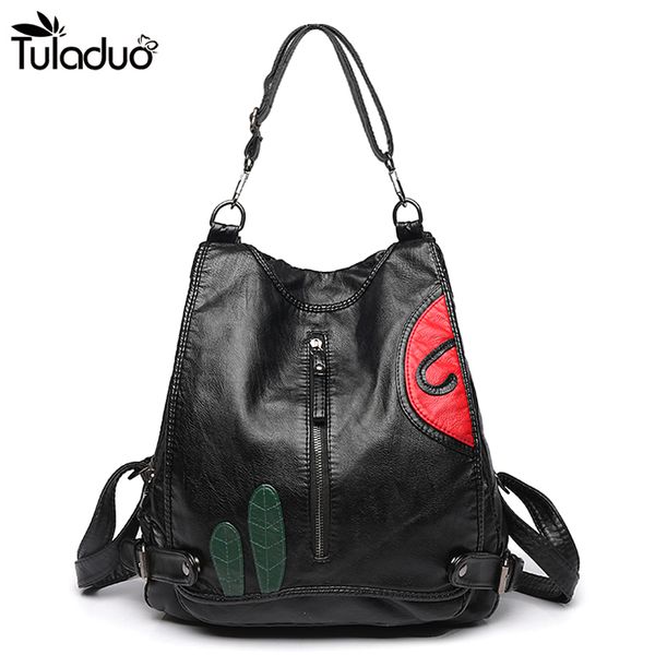 

women slit pocket leather backpack zipper school bags for teenagers casual travel computer lapbag black women shoulder bag