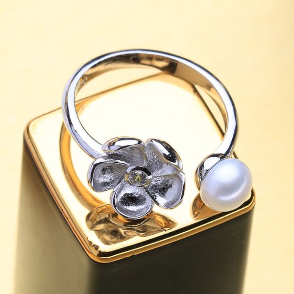 

mintha natural pearl rings for women new trendy pearl jewelry 925 sterling silver cute office flower ring with, Golden;silver