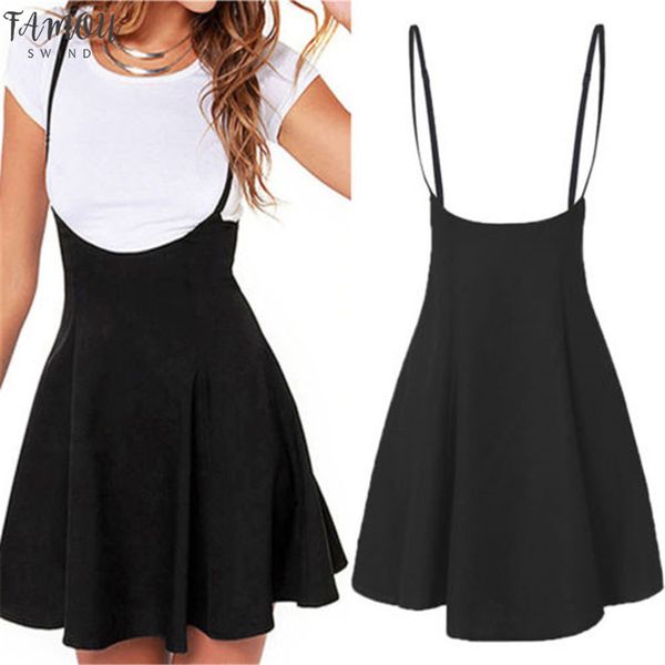 

summer fashion women ladies mini preppy style high waist pure color stretch flared skater swing short suspender dress, Black;gray