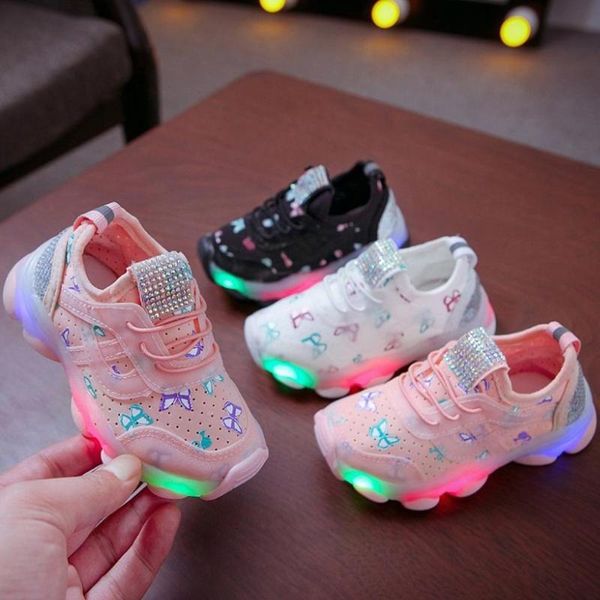 

children shoes kid boy girls butterfly crystal led luminous sport run sneakers shoes kids breathable kid led sneaker, Black;red