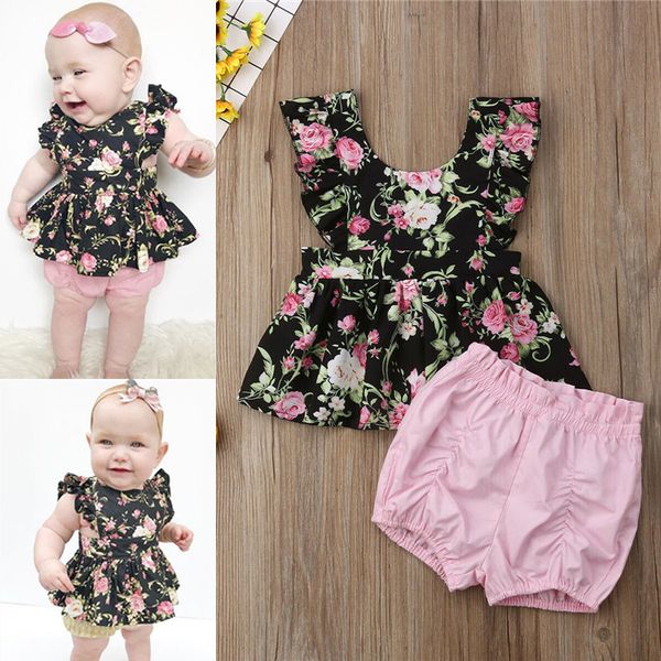 

summer baby girl kids clothes set sleeveless shredded flower backless shorts 2piece set kids designer clothes girls jy477, White