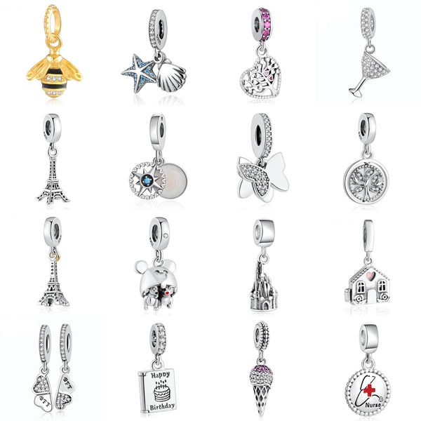 

s925 silver pendant bead starfish bee life tree butterfly nurse tower birthday cake home dangle charm fit pandora bracelets