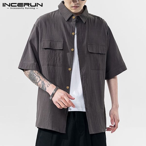 

men's casual shirts 2021summer men plain shirt short sleeve turn down collar loose cotton tang suit pockets solid color breathable blou, White;black