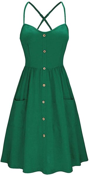 

cross-border 2020 summer new european and american foreign trade womens button pocket solid color strap dress, White;black