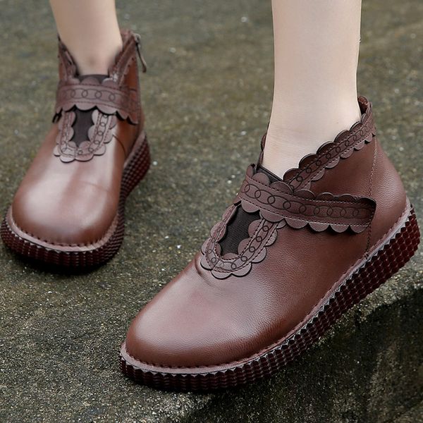 

original handmade leather women boots ankle round head flat bottom embossed women shoes comfortable 2019 spring/autumn, Black