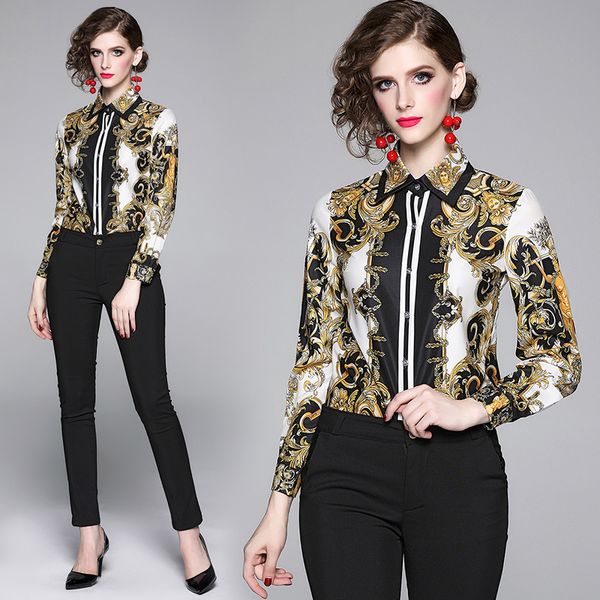 

luxury runway barocco print shirt plus size women vintage long sleeve lapel neck ladies elegant office blouses elegant slim designer, White