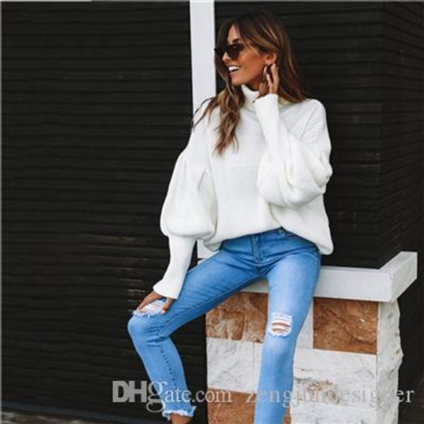 

cute fashion casual designer turtleneck sleeve lantern pullover clothing autumn womens style sweater snwni, Black