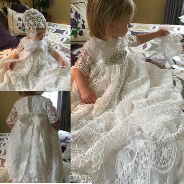 

princess ball gown lace high neck short sleeve beaded ivory first communion dresses with cap, White