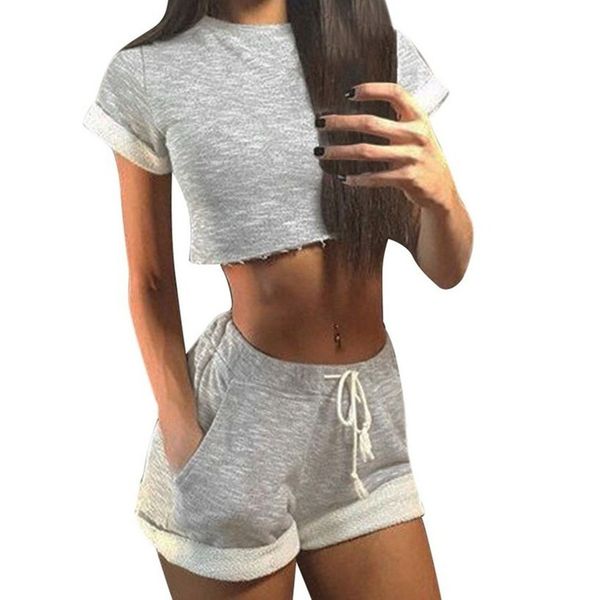 

jaycosin tracksuit for women two piece set navel o-neck short-sleeved and short pants fashion casual cotton women set 2019, Gray