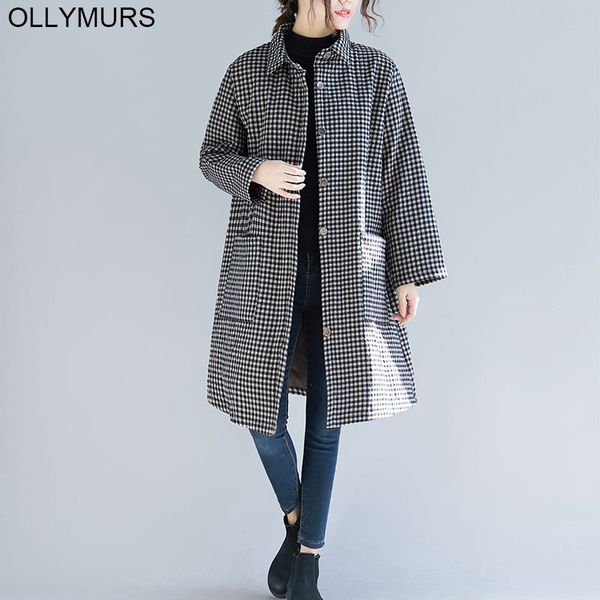 

plus size women woolen coat winter coat oversize loose long sleeve thicken plaid long jacket big size cotton quilted windbreaker, Black