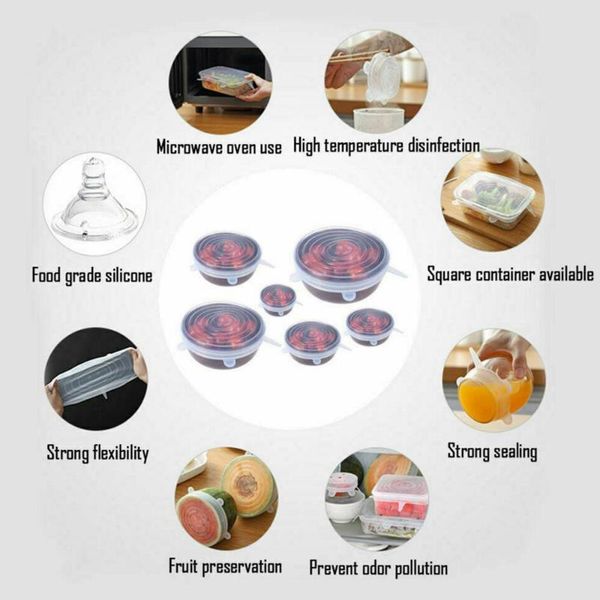 

6 pcs silicone stretch lids reusable airtight wrap covers keeping fresh seal bowl stretchy wrap cover kitchen cookware 3