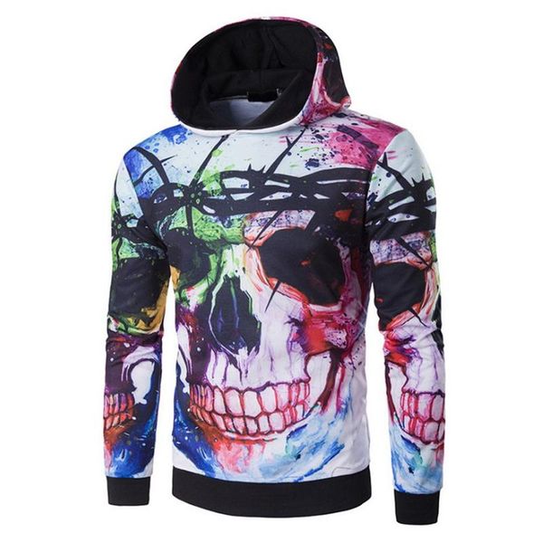 

male 3d skull splashed paint printing hooded pullovers men's hoodies outwear, Black