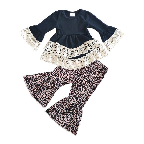 

wholesale black tunic with lace dcoration leopard bell bottom kids boutique outfits clothing sets, White