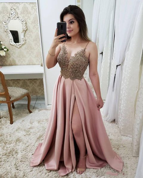 

side split long prom dresses with lace appliqued custom made special occasion dreses 2020 cheap, Black