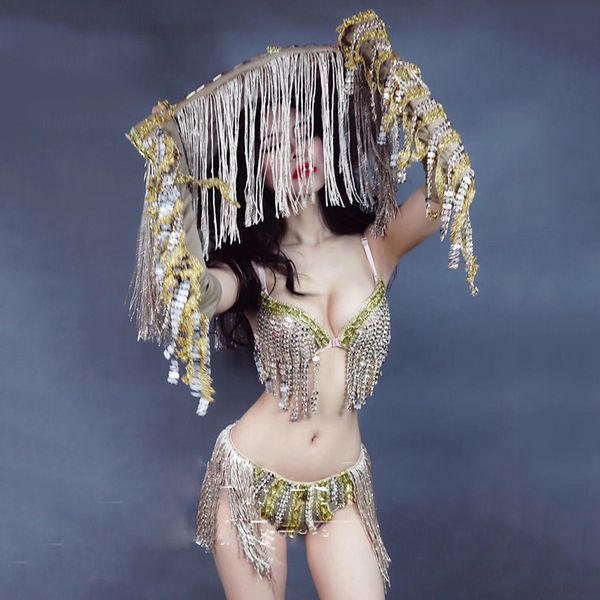 

stageÂ costumeÂ women festival outfit tassel sequined bikini hat nightclub singer pole dance clothes rave party wear dn5578, Black;red