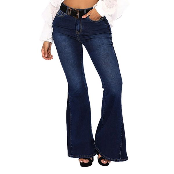 

new navy flare jeans woman denim trousers vintage women clothes 2019 fall high waist pants belted stretchy jeans#4, Blue