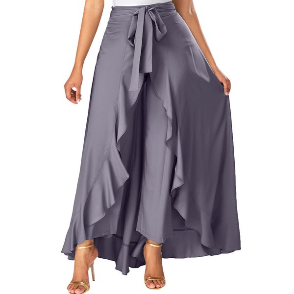 Compre Moda Cintura Alta Mujer Verano Largo Gris Lateral Cremallera Corbata Superposición Frontal Pantalones Falda Con Volantes Fiesta De Falda Larga