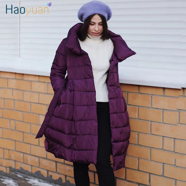 

haoyuan long winter coat women parka dress plus size fashion bowknot waist chaqueta mujer invierno cotton padded warm jacket, Black