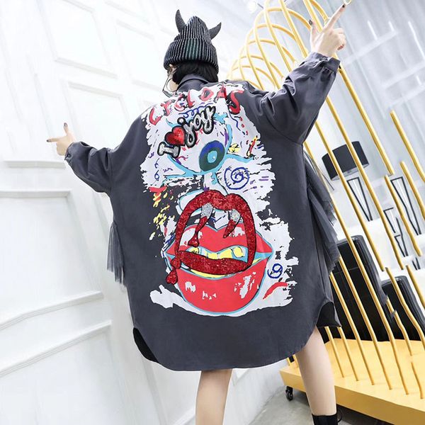 

new bf style female overcoat fashion loose long trench coat women new lace letter overcoat cartoon pattern hip hop outwear fy37, Tan;black