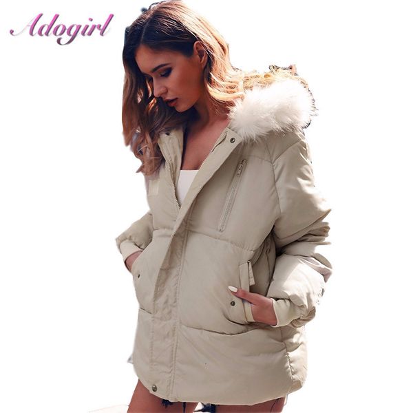 

adogirl down coats women winter casual zipper up long sleeve fur hooded light down jackets coat female outwear thick parkas coat, Black