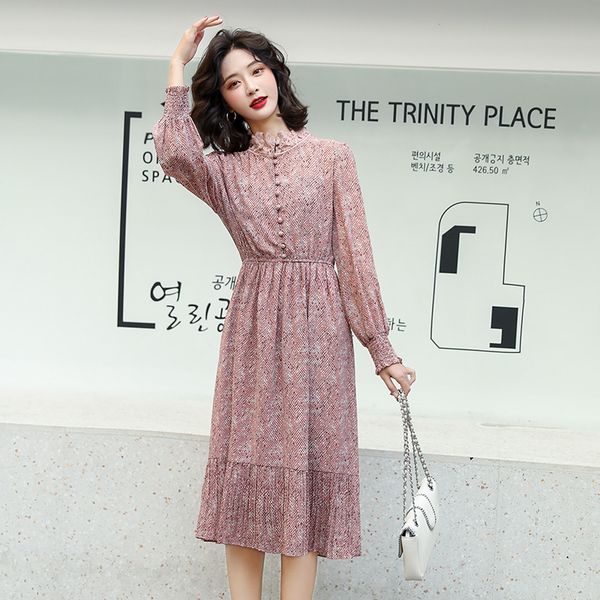 

casual dresses 2021 spring summer women print pleated chiffon dress fashion female lantern sleeve ruffled collar plus size, Black;gray
