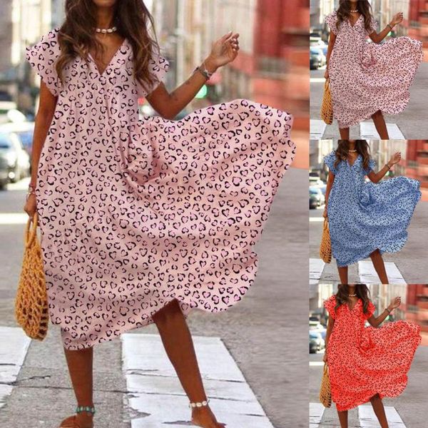 

cover-ups women summer v-neck short sleeve loose floral print dress chiffon irregular hem mid-calf beach seaside holiday