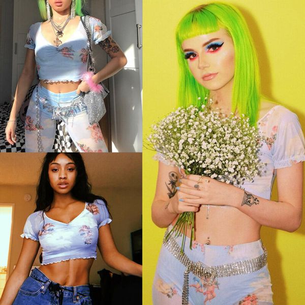 

see through crop women ruffles short sleeve fishnet v neck angel cupid print lace up camisole female loose casual t-shirts, White