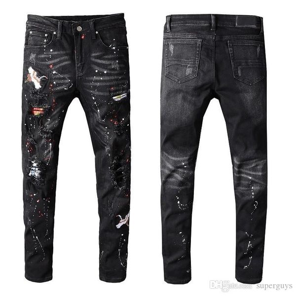 

men's distressed destroyed jeans patches ripped skinny black skinny pants slim trousers w28-40 #605, Blue