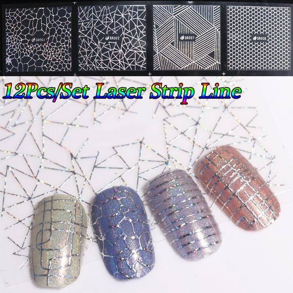 

12pcs laser nail sticker strip line 3d style nail foil metal design geometric tape foil adhesive tip glitter decor, Black