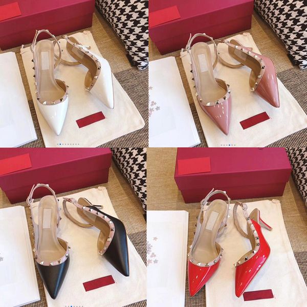 

2020 sandals pointed toes shoes pump women 6.5cm high heels flat patent ankle strap real leather bottom ing, Black