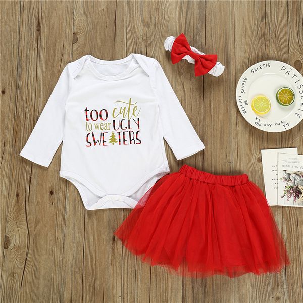 

christmas girl kids clothes set long sleeve printed letter christmas tree white jumpsuits+screen skirt+headband 3 pieces sets zjy731