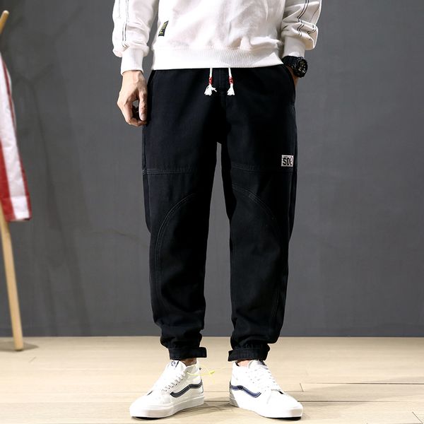 

japanese fashion men jeans spliced designer loose fit cargo pants harem jeans slack bottom streetwear hip hop joggers men, Blue