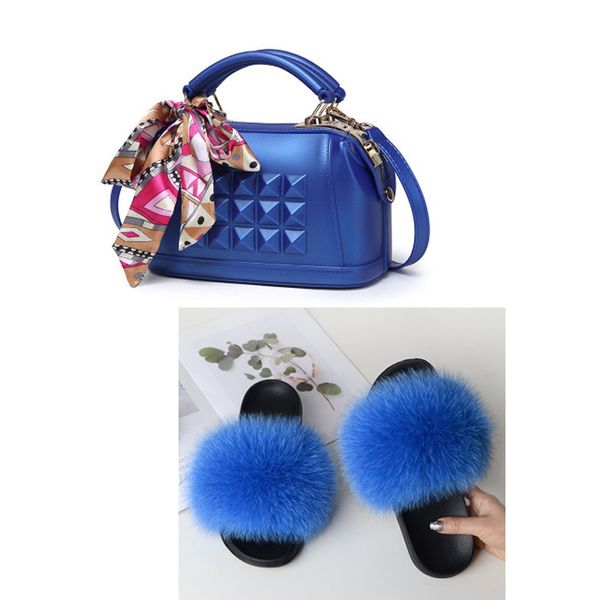 

new women real fur slippers set fluffy plush fur beach flip flops fashion rivet jelly handbag travel match sets furry slides, Black
