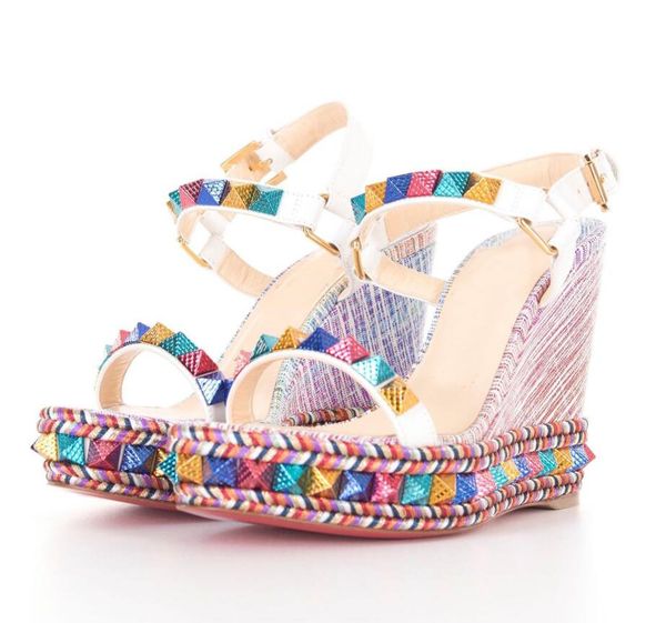 

luxurious spikes ladies red bottom pyraclo 110mm studs wedges women's sandals multi color calf leather platfrom pumps party wedding, Black