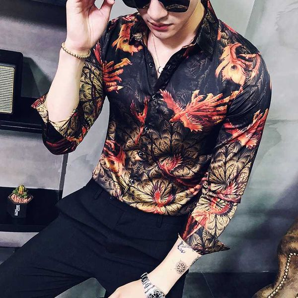 

social club spring long sleeve slim fit men designer personality fire phoenix print shirt camisa masculina, White;black