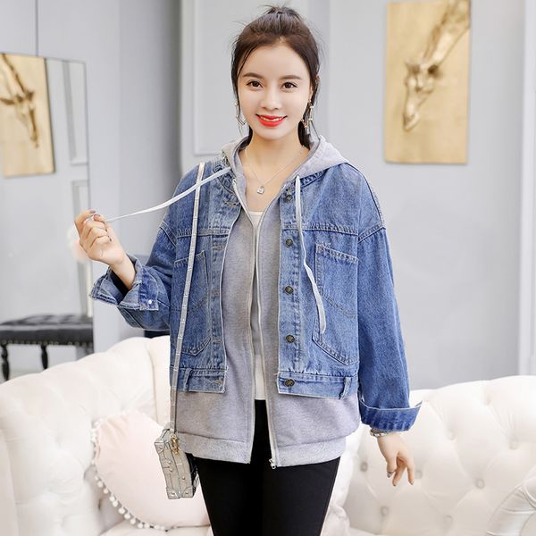 

new women spring autumn jacket casual hooded fake two-piece stitching denim jacket loose long sleeve ladies coat chaqueta mujer, Black;brown