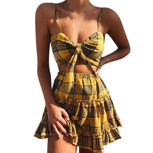 

women's set summer yellow plaid 2 piece set bow crop pleated ruffles elastic waist skirt 2 piece beach woman, White