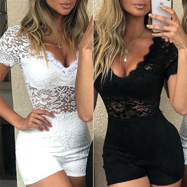 

летний комбинезон для женщин slim sexy v шеи шорты romper woman sheer кружева вскользь короткие пляжные комбинезоны feminino черный белый, Black;white