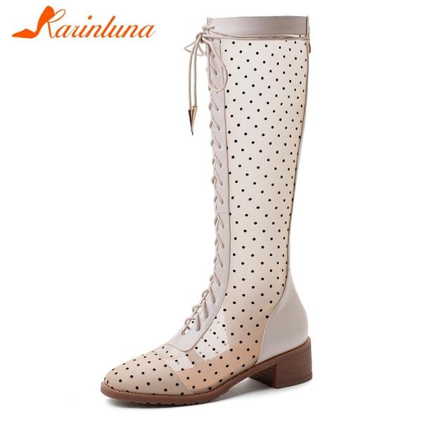 

karin 2020 new arrivals large size 43 mesh comfortable shoes woman boots female square heels zip up knee-high boots women, Black