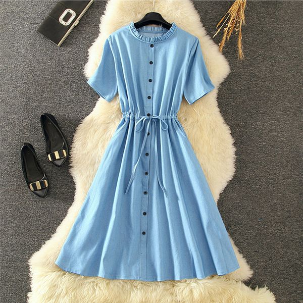 

casual dresses vintage women denim 2021 short sleeve buttons drawstring a-line bodycon jean dress for ladies summer, Black;gray