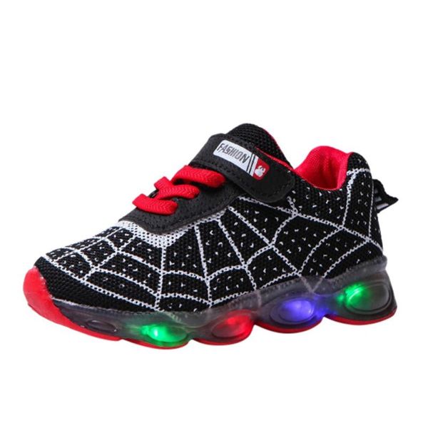 

children's cartoon spider web led luminous soft bottom sneakers, luminous shoes, bright shoes (no spiders), fashionable s4, Black;red