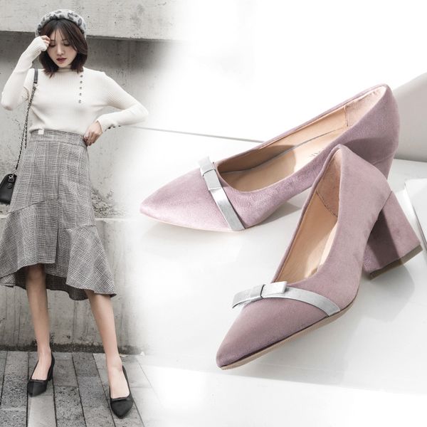 

pointed shoes women's 2019 new style high heel shoes korean-style workplace black and white with pattern spring chunky-heel wome