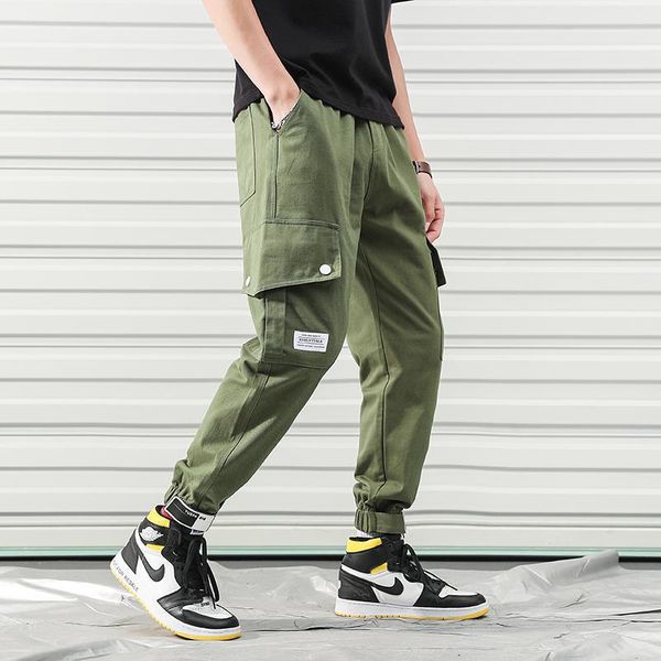 

japan streetwear mens cargo pants with pockets elastic waist plain cargo pants for men techwear trousers xxxl, Black