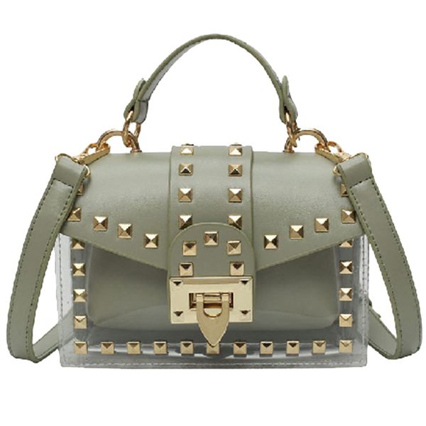 

women messenger bags pu+pvc transparent jelly bag summer girl fashion rivet chains beach shoulder bag flap(green