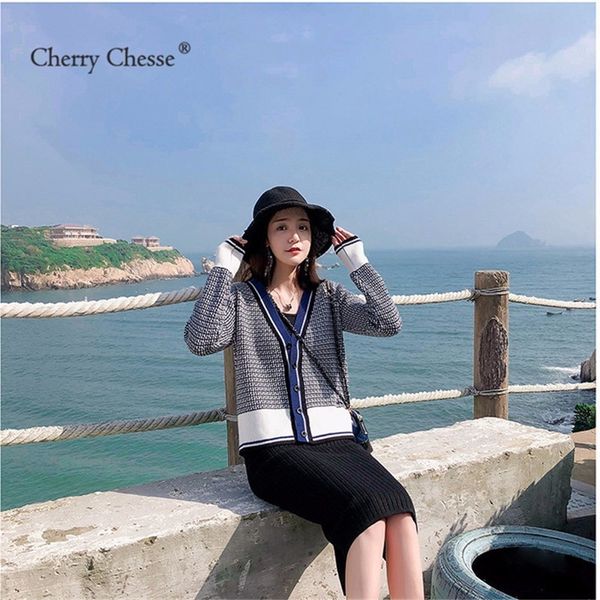 

cherry chesse harajuku plaid women sweater contrast button cardigans female autumn vintage knitted sweater, White;black