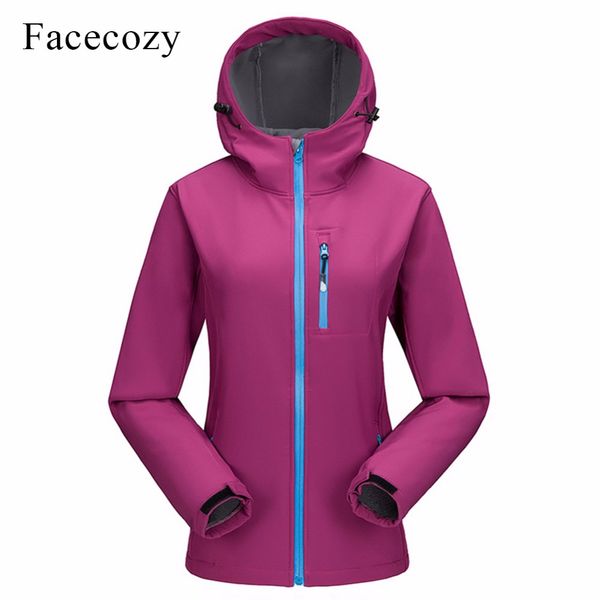 

facecozy women softshell winter warm hiking jacket hooded coats female autumn warm climbing traveling windproof fleece jackets, Blue;black