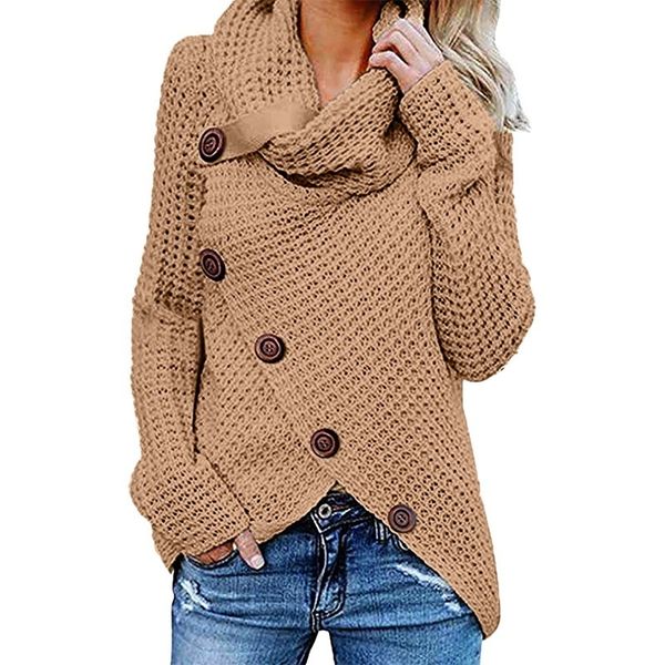 

vicabo women solid color long sleeve knit sweater ladies turleneck beveled buttons fashion loose winter clothes pullover, White;black