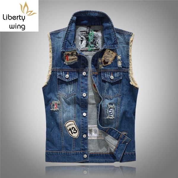

fashion men moto biker sleeveless denim hole ripped tassels spliced waistcoat jean jacket plus size 4xl slim fit vests, Black;white